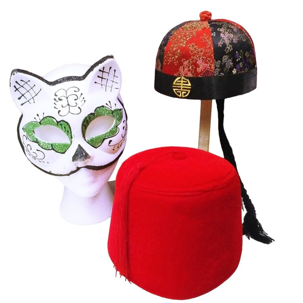 Vintage Lot of 3 Collection Fancy Dress Costume Party Hats Cat Mask Fez Asian